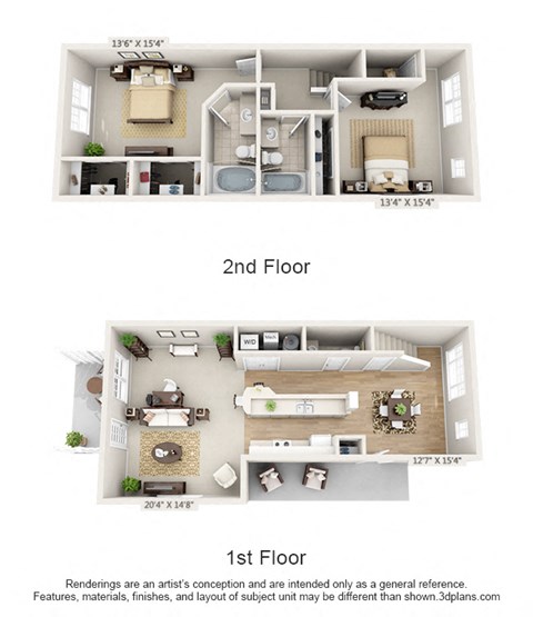 This is a 3D floor plan of a 1389 square foot 2 bedroom Yachtsman townhome at Nantucket Apartments in Loveland, OH.