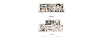 This is a 3D floor plan of a 1498 square foot 2 bedroom Schooner townhome at Nantucket Apartments in Loveland, OH.