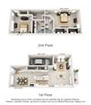 This is a 3D floor plan of a 1498 square foot 2 bedroom Schooner townhome at Nantucket Apartments in Loveland, OH.