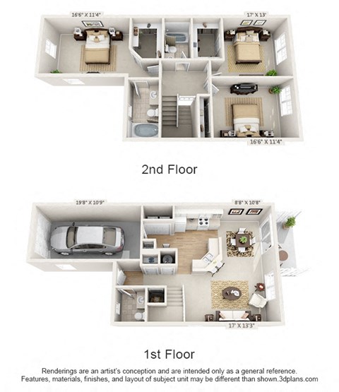 This is a 3D floor plan of a 1578 square foot 3 bedroom Flagship townhome at Nantucket Apartments in Loveland, OH.