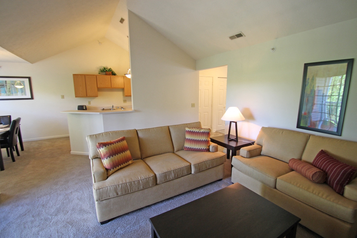 This is photo of the living room of the 852 square foot 1 bedroom Fairlawn at Trails of Saddlebrook Apartments in Florence, KY.
