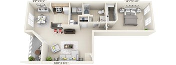 This is a 3D floor plan of a 900 square foot 1 bedroom Miamisburg at Washington Park Apartments in Centerville, OH.