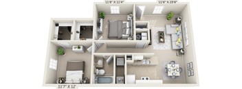This is a 3D floor plan of a 890 square foot 2 bedroom Liberty at Washington Place Apartments in Washington Township, OH