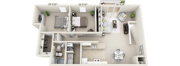 This is a 3D floor plan of a 1040 square foot 2 bedroom Patriot at Washington Place Apartments in Washington Township, OH