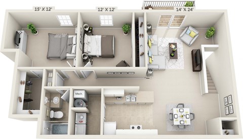 This is a 3D floor plan of a 1040 square foot 2 bedroom Patriot at Washington Place Apartments in Washington Township, OH