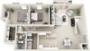This is a 3D floor plan of a 1040 square foot 2 bedroom Patriot at Washington Place Apartments in Washington Township, OH
