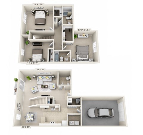 This is a 3D floor plan of a 1490 square foot 3 bedroom Presidential at Washington Place Apartments in Washington Township, OH