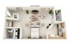 This is a 3D floor plan of a 445 square foot efficiency apartment at Cambridge Court Apartments in Dallas, TX.