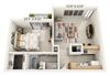 This is a 3D floor plan of a 582 square foot 1 bedroom apartment at Cambridge Court Apartments in Dallas, TX.