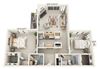 This is a 3D floor plan of a 1086 square foot 2 bedroom apartment at Cambridge Court Apartments in Dallas, TX.
