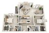 This is a 3D floor plan of a 1245 square foot 2 bedroom apartment at Cambridge Court Apartments in Dallas, TX.