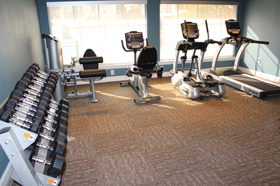 This is a photo of the fitness center showing workout machines at Woodbridge Apartments in Dallas, TX.