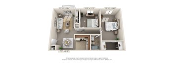 This is a 3D floor plan of a 724 square foot 2 bedroom apartment  at Aspen Village, Ohio, 45238