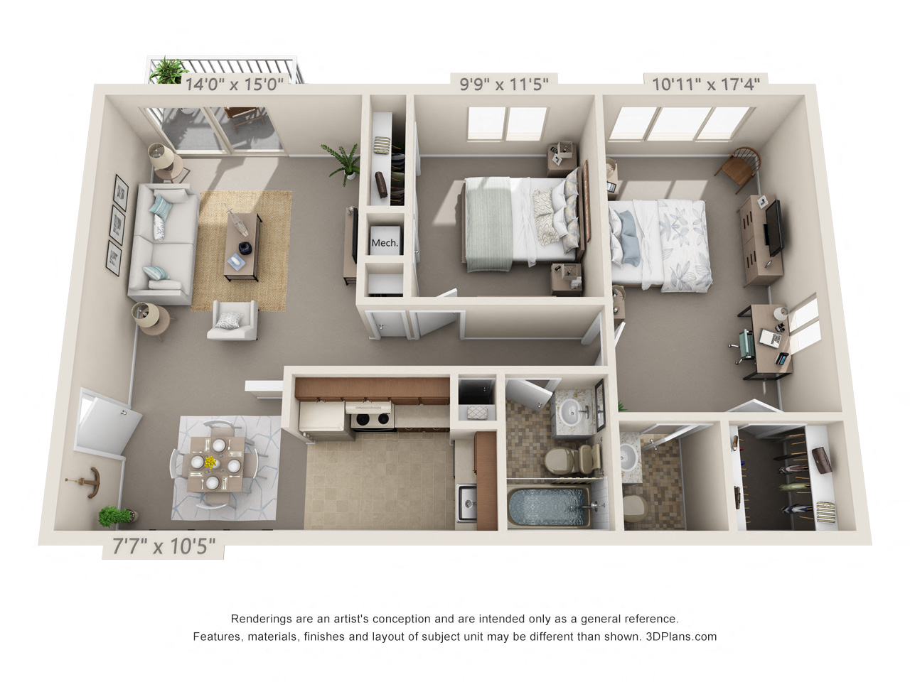 2 bed 2 bath floor plan at Aspen Village Apartments in Cincinnati, OH.