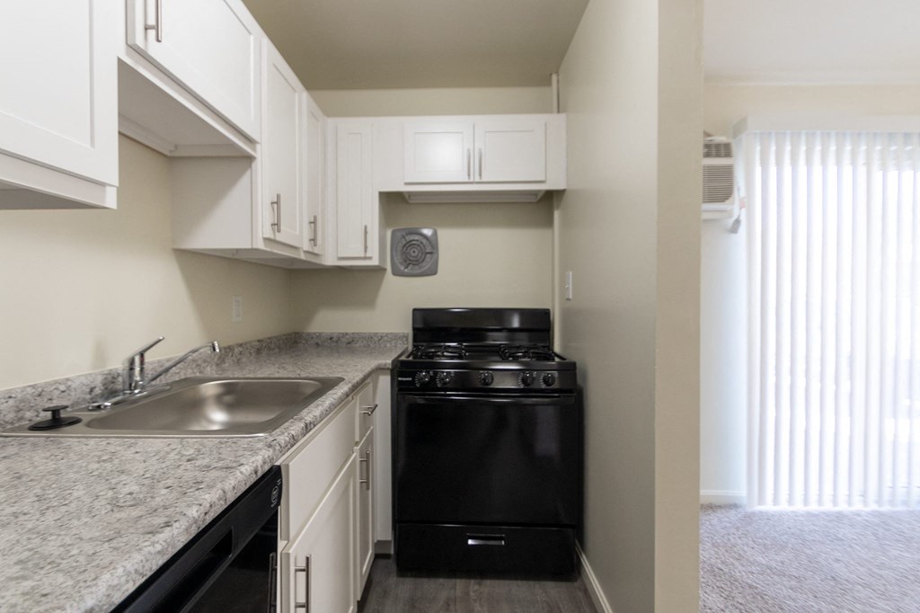 This is a photo of the kitchen in the 543 square foot B-style, 1 bedroom, 1 bath apartment at Blue Grass Manor Apartments in Erlanger, KY.