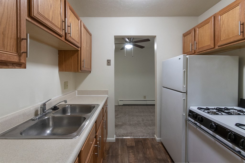 This is a photo of the kitchen in the 705 square foot, 1 bedroom, 1 bath apartment at Blue Grass Manor Apartments in Erlanger, KY.