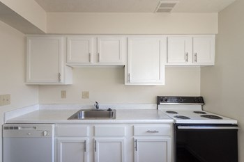 This is a photo of the kitchen in the 899 square foot, 2 bedroom, 1.5 bath apartment at Blue Grass Manor Apartments in Erlanger, KY.
