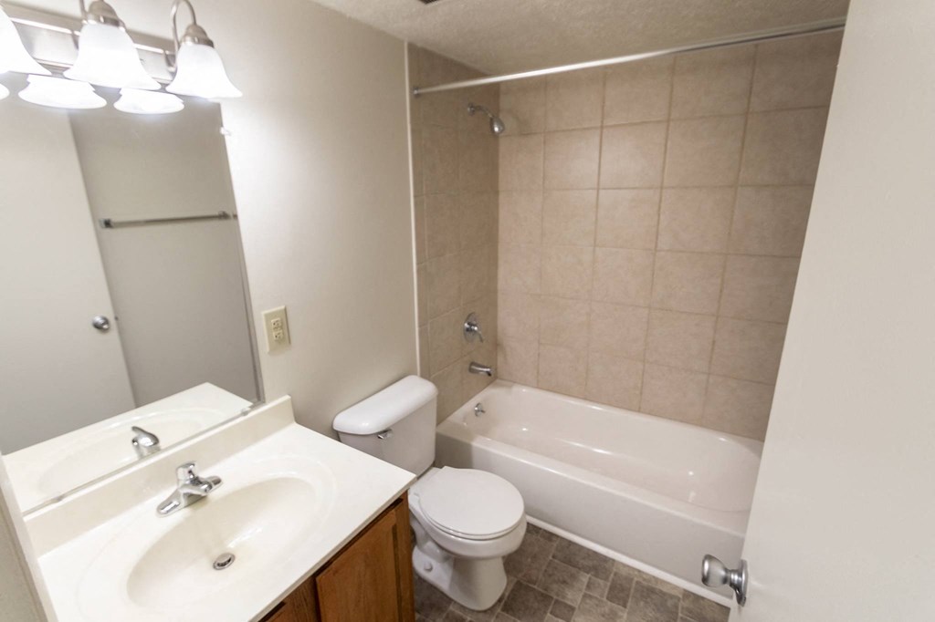 This is a photo of the full bathroom of the 902 square foot, 2 bedroom, 1 and a half bath apartment at Blue Grass Manor Apartments in Erlanger, KY.