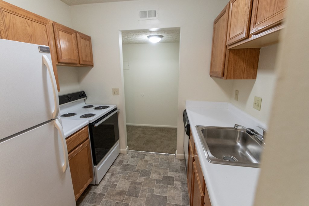 This is a photo of the kitchen in the 652 square foot, 1 bedroom, 1 bath B-style apartment at Blue Grass Manor Apartments in Erlanger, KY.