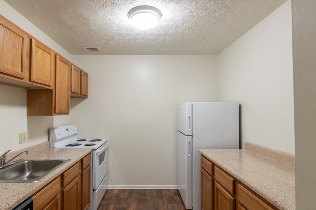 This is a photo of the kitchen in the 938 square foot , 2 bedroom, 2 bath apartment at Blue Grass Manor Apartments in Erlanger, KY.