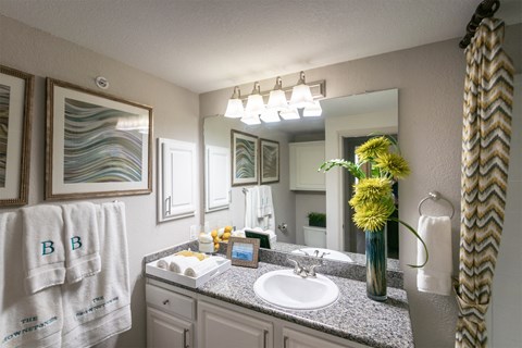 This is a photo of the bathroom of the 826 square foot 1 bedroom apartment at The Brownstones Townhome Apartments in Dallas, TX.