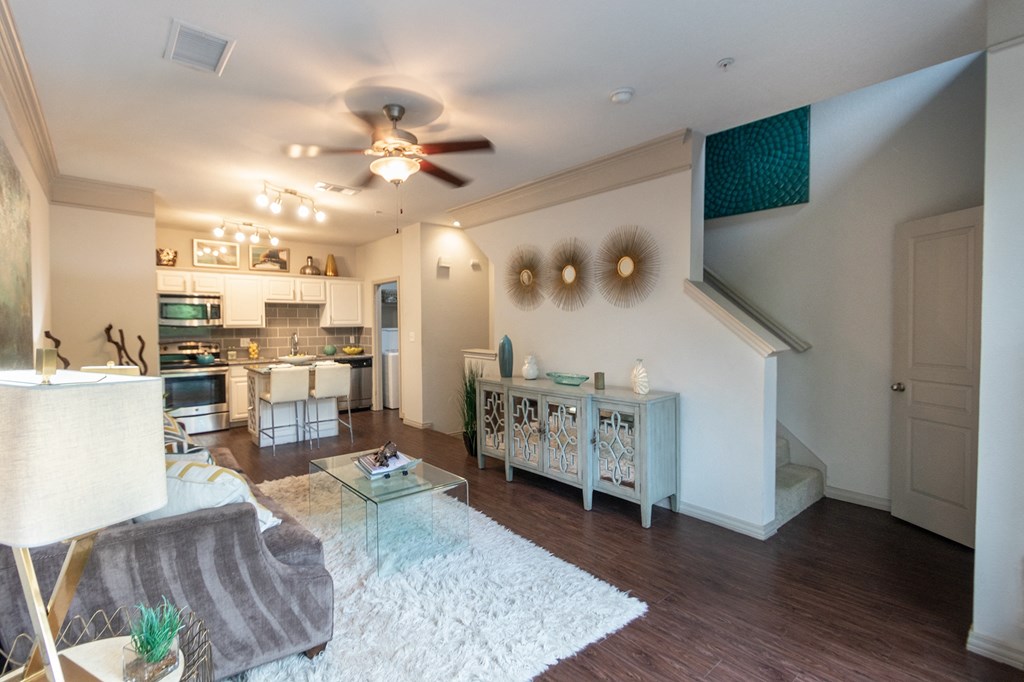 Living Area With Kitchen at The Brownstones, Dallas, TX, 75240