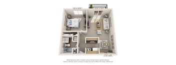 This is a 3D floor plan of a 652 square foot 1 bedroom apartment at Blue Grass Manor Apartments in Erlanger, KY.