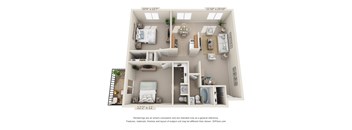 This is a 3D floor plan of a 865 square foot D style  2 bedroom, 2 and a half bath apartment at Blue Grass Manor Apartments in Erlanger, KY.