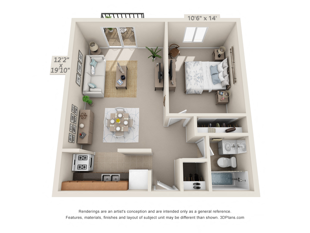 This is an image of the 3D floor plan of the 543 square foot 1 bedroom apartment at Blue Grass Manor Apartments in Erlanger, KY.