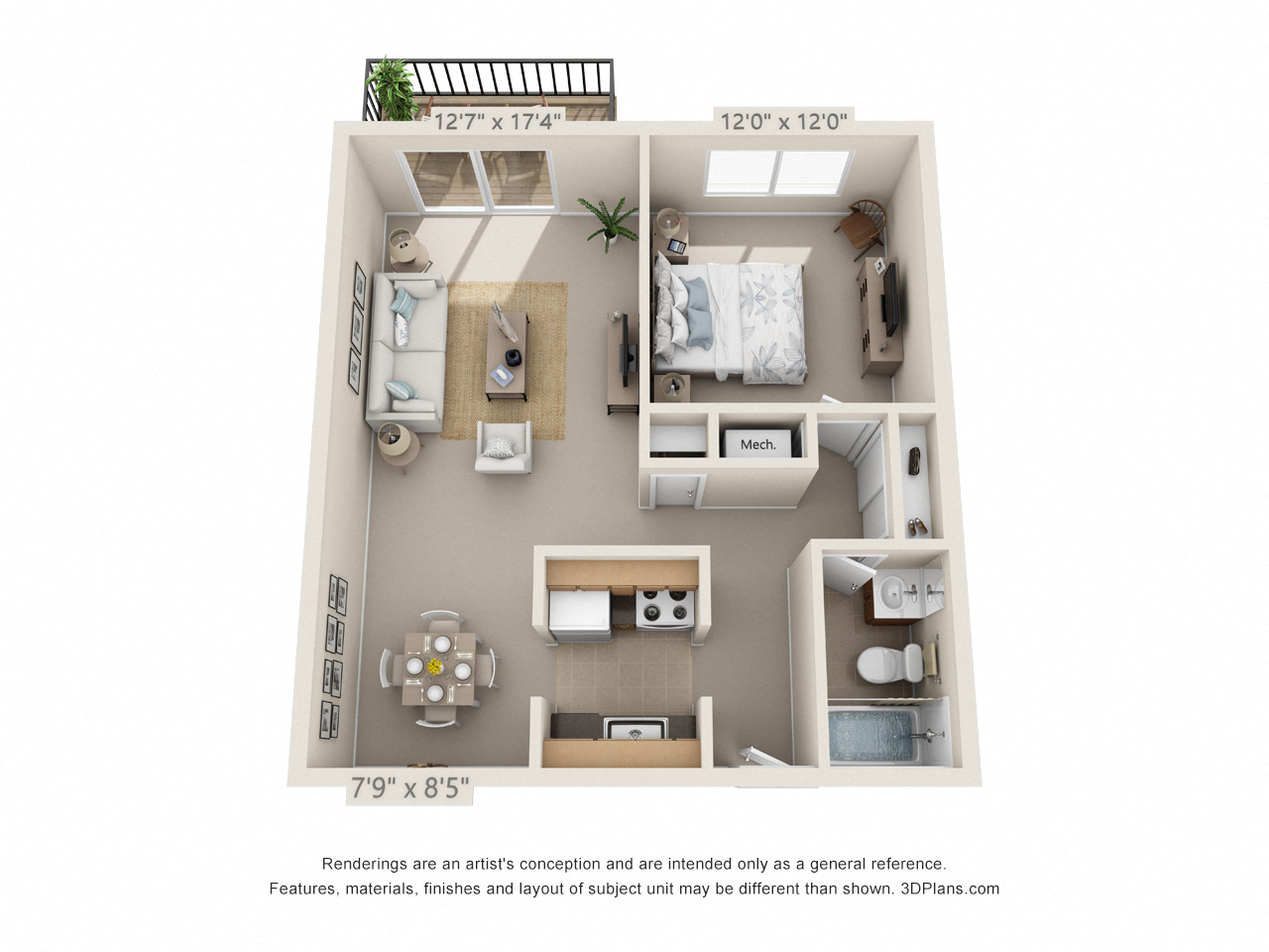 This is a 3D floor plan of a 652 square foot 1 bedroom apartment at Blue Grass Manor Apartments in Erlanger, KY.