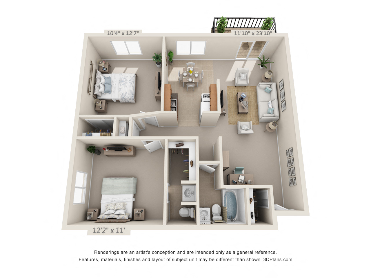 This is a 3D floor plan of a 865 square foot 2 bedroom with balcony apartment at Blue Grass Manor Apartments in Erlanger, KY.