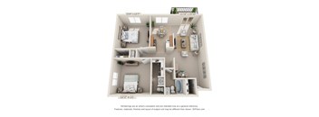 This is a 3D floor plan of a 865 square foot 2 bedroom with balcony apartment at Blue Grass Manor Apartments in Erlanger, KY.