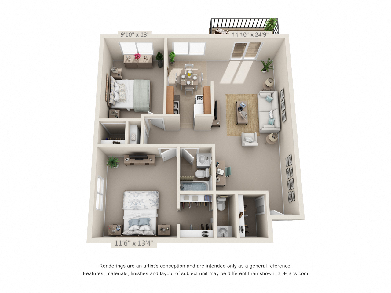 This is a 3D floor plan of a 865 square foot 2 bedroom apartment at Blue Grass Manor Apartments in Erlanger, KY.