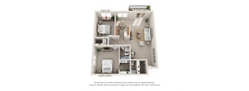 This is a 3D floor plan of a 865 square foot 2 bedroom apartment at Blue Grass Manor Apartments in Erlanger, KY.