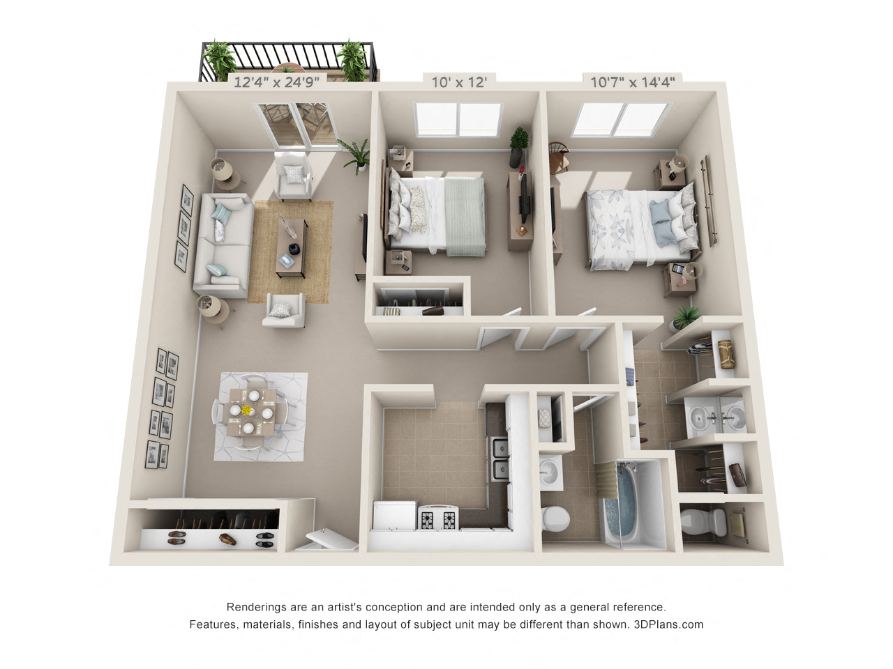This is a 3D floor plan of a 872 square foot 2 bedroom apartment at Blue Grass Manor Apartments in Erlanger, KY.