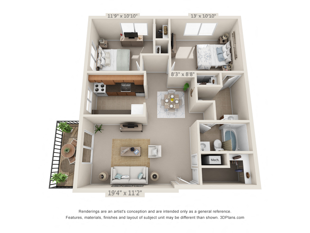 This is a 3D floor plan of a 899 square foot 2 bedroom apartment at Blue Grass Manor Apartments in Erlanger, KY.