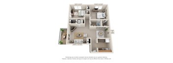 This is a 3D floor plan of a 902 square foot 2 bedroom apartment at Blue Grass Manor Apartments in Erlanger, KY.