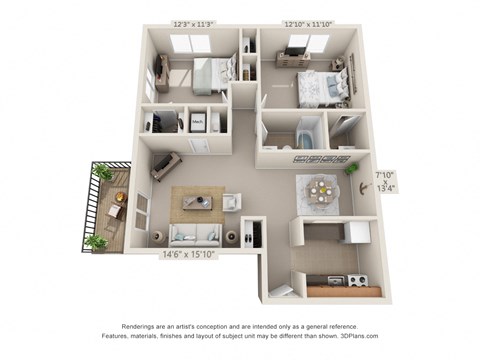 This is a 3D floor plan of a 902 square foot 2 bedroom apartment at Blue Grass Manor Apartments in Erlanger, KY.