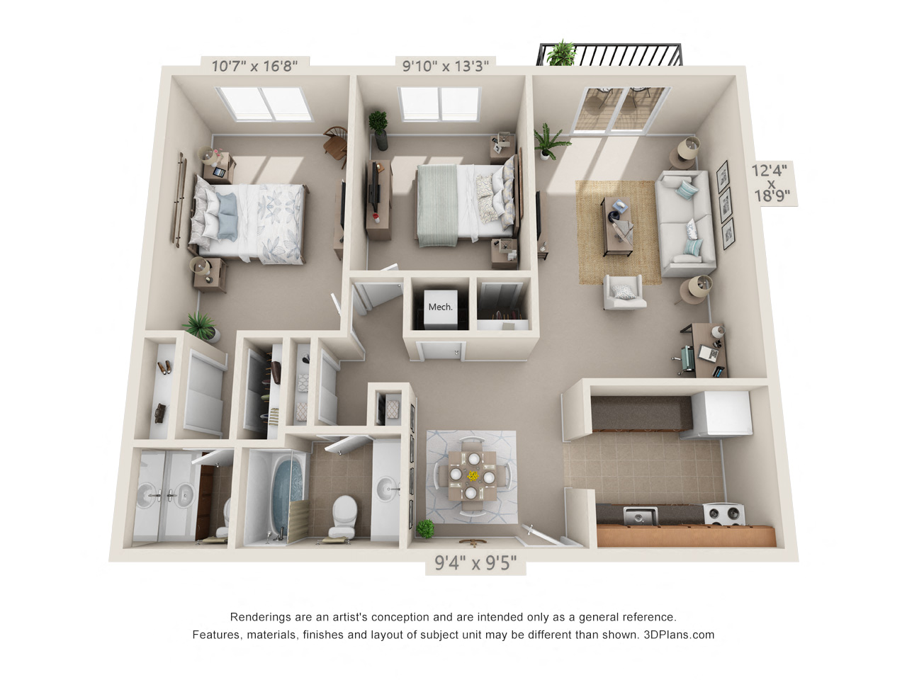This is a 3D floor plan of a 938 square foot 2 bedroom apartment at Blue Grass Manor Apartments in Erlanger, KY.