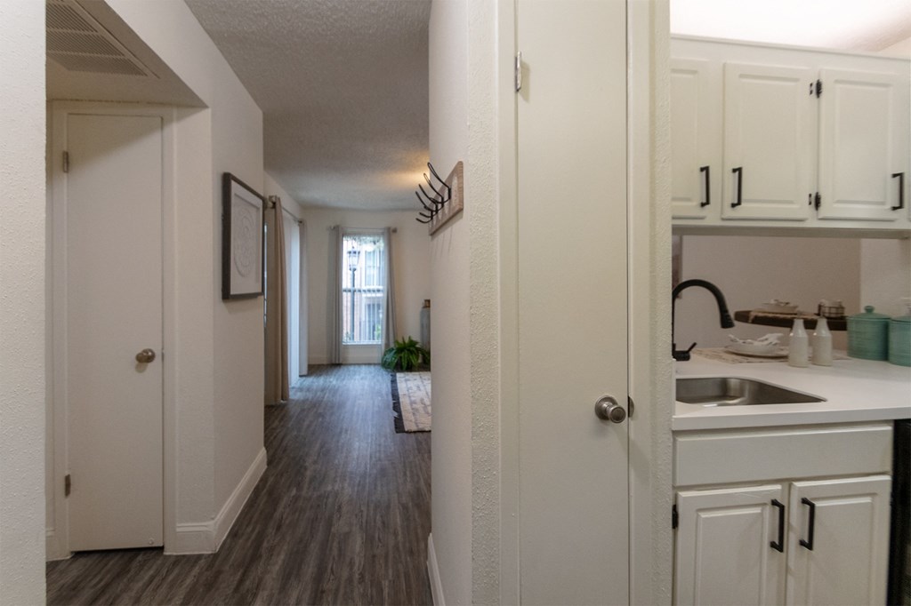 This is a photo of the entryway in a 692 square foot 1 bed, 1 bath model aprtment at Cambridge Court Apartments in Dallas Texas