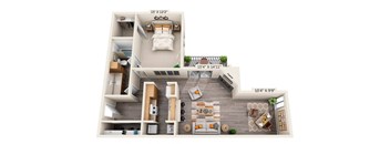 This is a 3D floor plan of a 982 square foot 1 bedroom, 1 bath apartment at Cambridge Court Apartments in Dallas, TX.