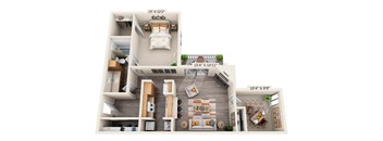 This is a 3D floor plan of a 982 square foot 1 bedroom, 1 bath with den apartment at Cambridge Court Apartments in Dallas, TX.
