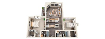 This is a 3D floor plan of a 1086 square foot 2 bedroom, 2 bath apartment at Cambridge Court Apartments in Dallas, TX.