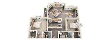 This is a 3D floor plan of a 1245 square foot 2 bedroom, 2 bath apartment at Cambridge Court Apartments in Dallas, TX.