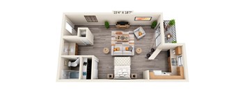 This is a 3D floor plan of a 450 square foot efficiency apartment at Cambridge Court Apartments in Dallas, TX.