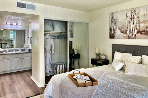 Sleeping and living area in an Efficiency apartment at Cambridge Court Apartments in Dallas, Texas, showing the bed area, and access toward the bathroom and closet.