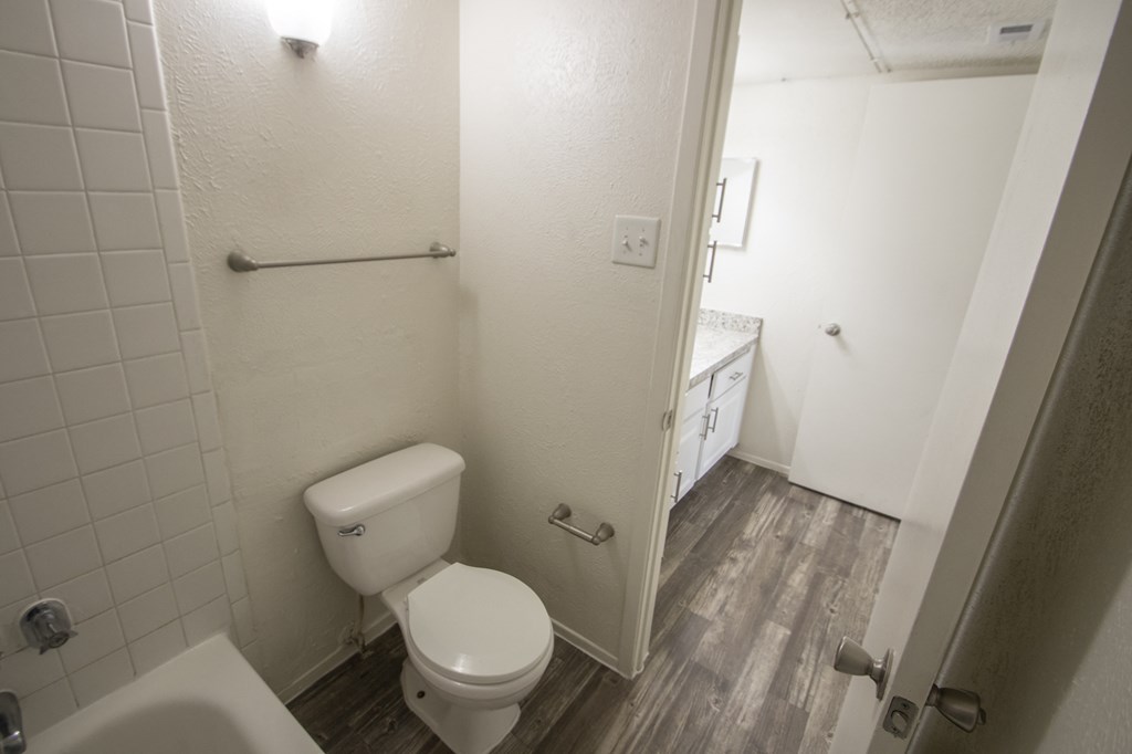 This is a photo of the bathroom of the 550 square foot 1 bedroom apartment at Canyon Creek Apartments in Dallas, TX