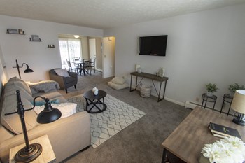 This is a photo of the living room in the 740 square foot 1 bedroom model apartment at Compton Lake Apartments in Mt. Healthy, OH.