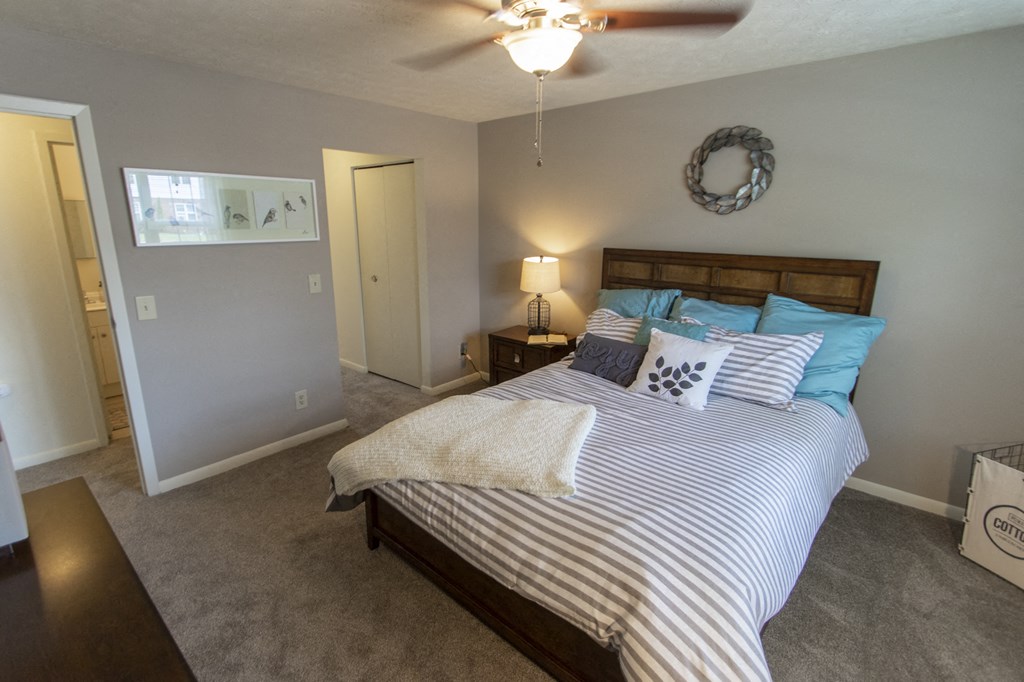 This is a photo of the bedroom in the 740 square foot 1 bedroom model apartment at Compton Lake Apartments in Mt. Healthy, OH.