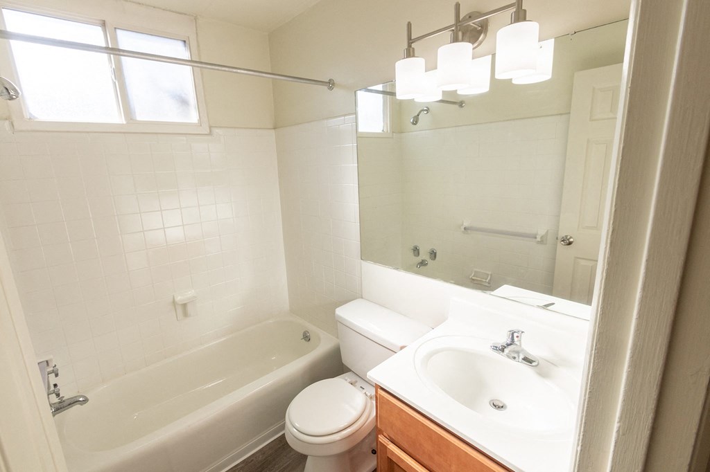 This is a photo of the bathroom in the 550 square foot 1 bedroom, 1 bath patio apartment at College Woods Apartments in the North College Hill neighborhood of Cincinnati, OH.